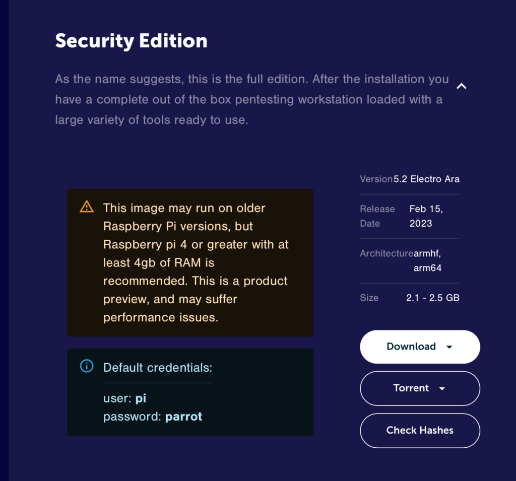 Parrot OS security edition for Raspberry Pi
