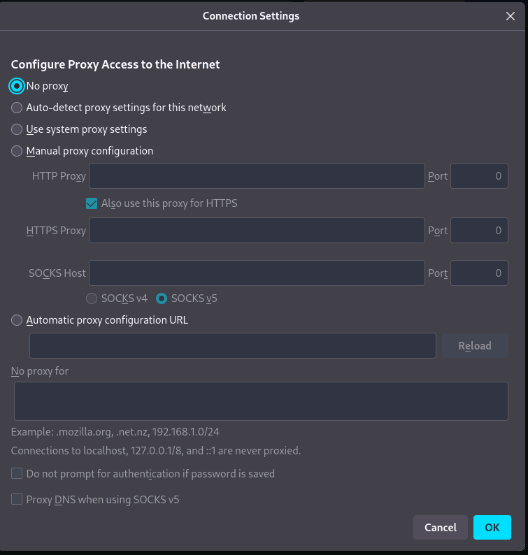 FireFox Settings no proxy