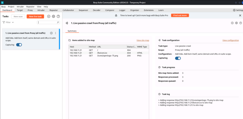 burp suite dashboard