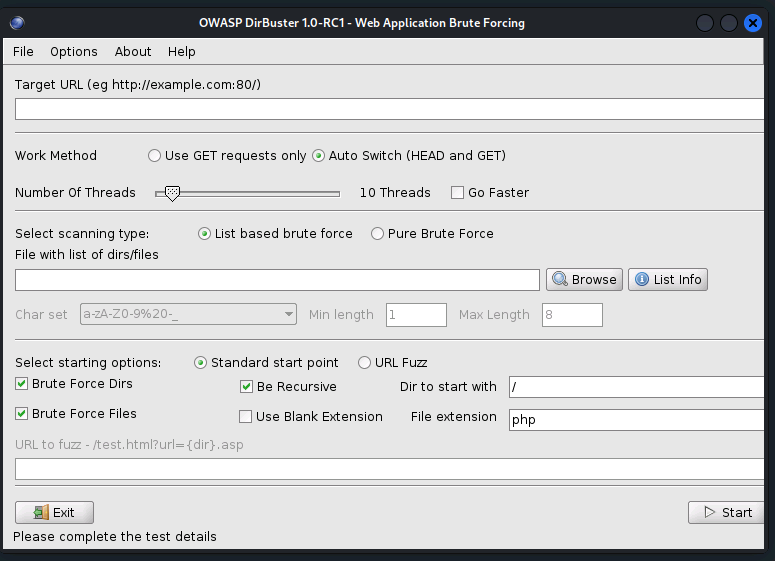 dirbuster setting